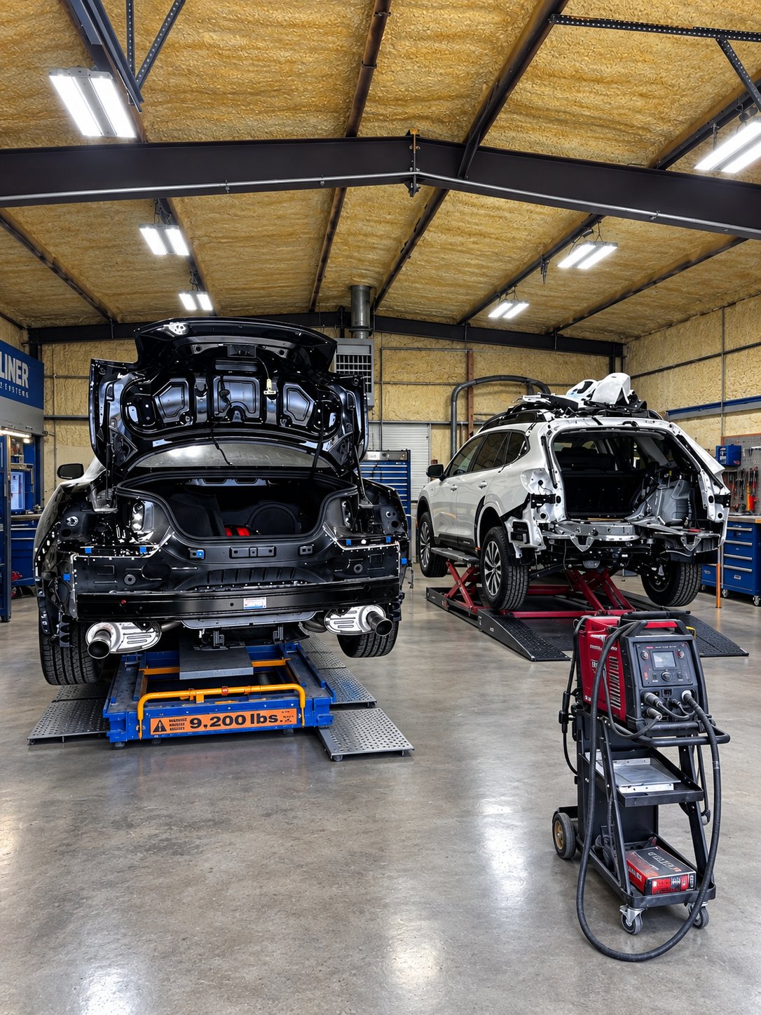 Collision repair in progress on the No Limit Auto Body shop floor
