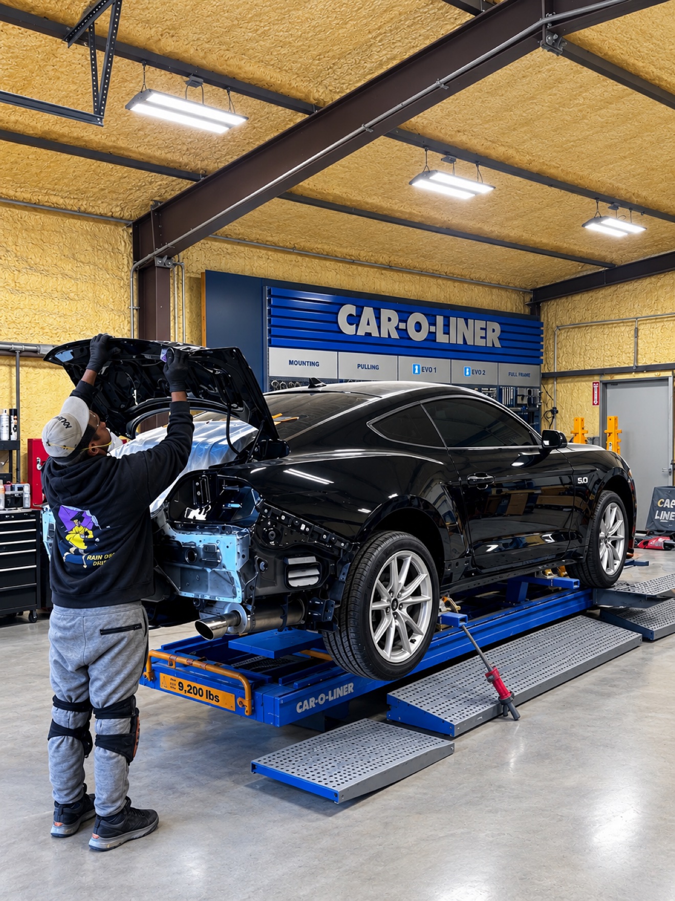 Black Ford Mustang on the Car-O-Liner frame machine with a technician working at No Limit Auto Body