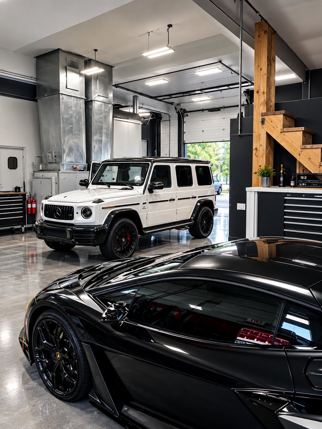 Mercedes G-Wagon and Lamborghini inside the No Limit Auto Body showroom