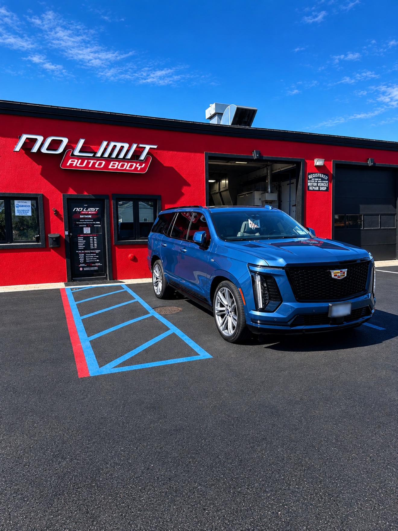 Blue Cadillac Escalade parked in front of the red No Limit Auto Body building