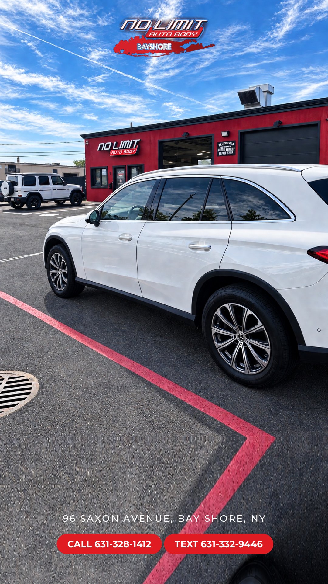 White Mercedes GLC at No Limit Auto Body Bay Shore