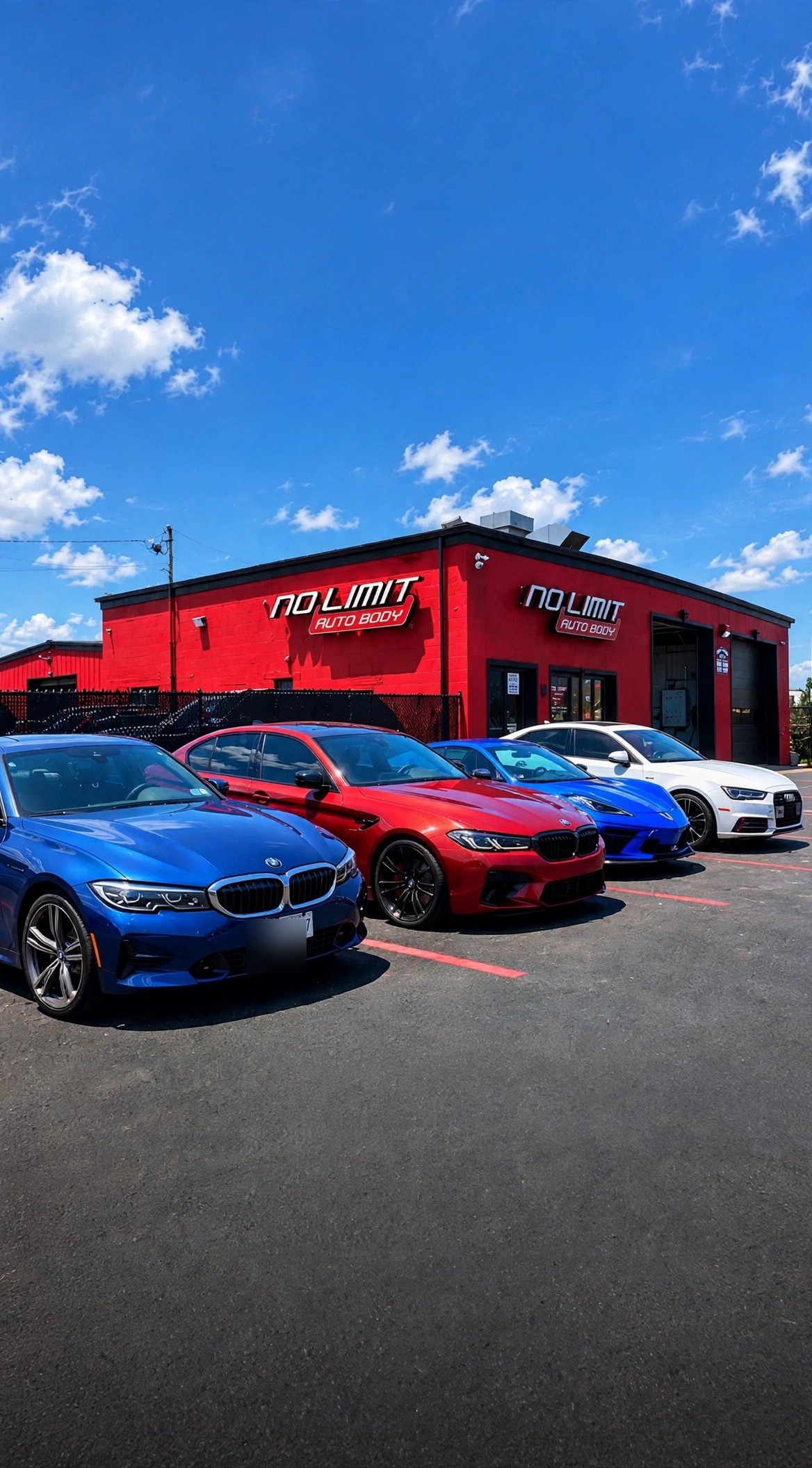 Lineup of BMW vehicles in front of the red No Limit Auto Body building