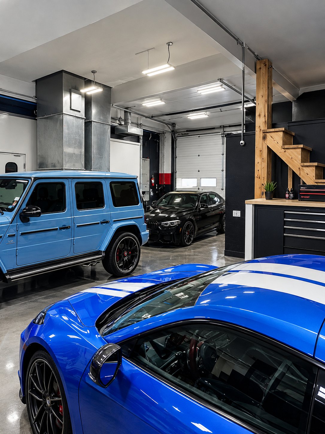 Vehicles inside the No Limit Auto Body garage